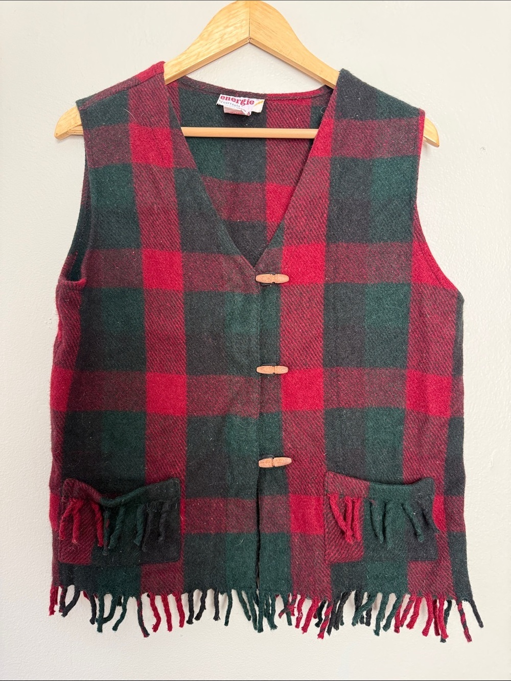 Vintage Energie by currants Plaid Fringe Button Vest - Red & Dark Green small